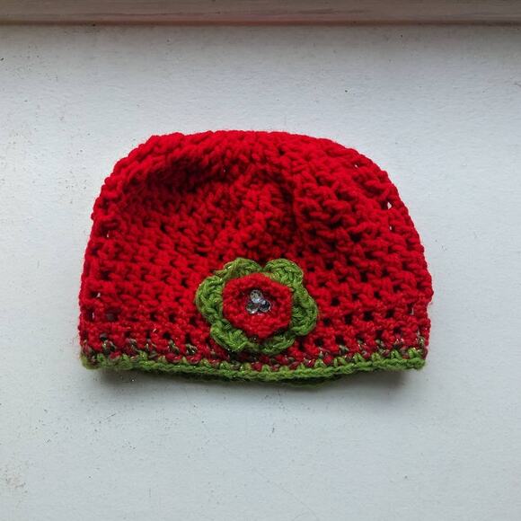 Vintage Y2K Crochet Festival Hat Kawaii Red Chunky Knit Beanie Cute Floral Funky - Picture 3 of 5